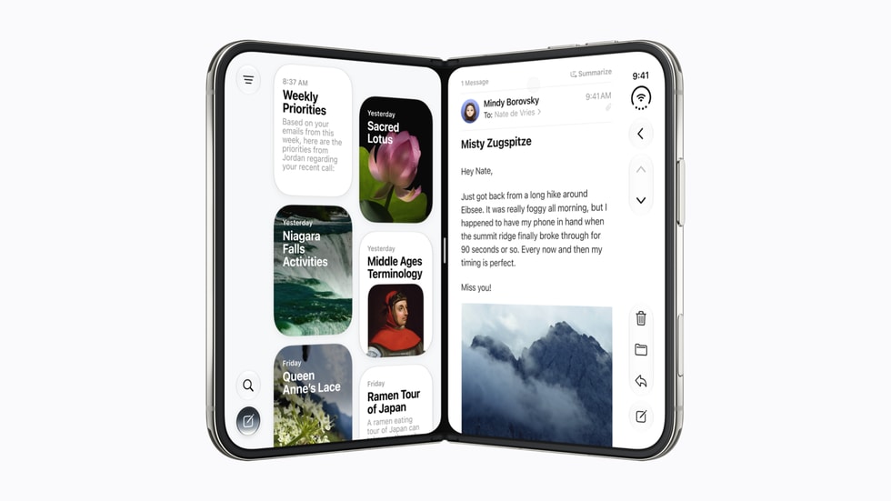 Apple promotional image of the unfolded iPhone Duo with two apps side by side and vertical controls at the edges.