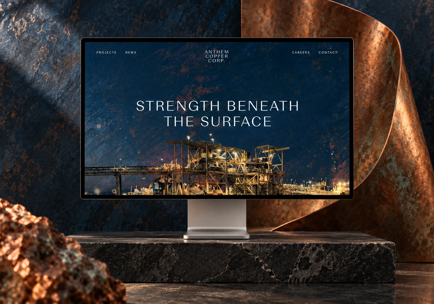 Anthem Copper homepage on an Apple Studio Display with copper and dark stone.