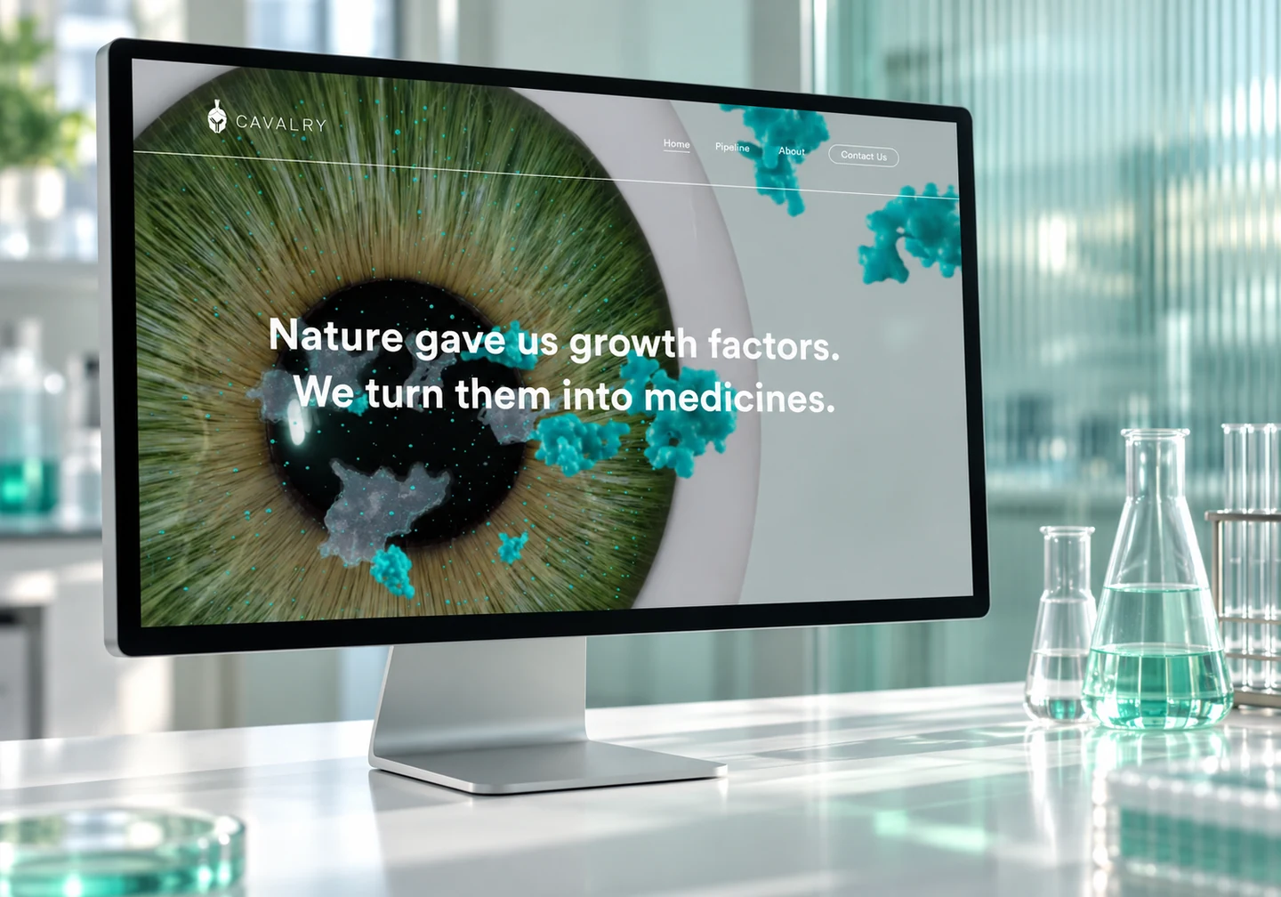 Cavalry Biosciences homepage on an Apple Studio Display beside laboratory glassware.