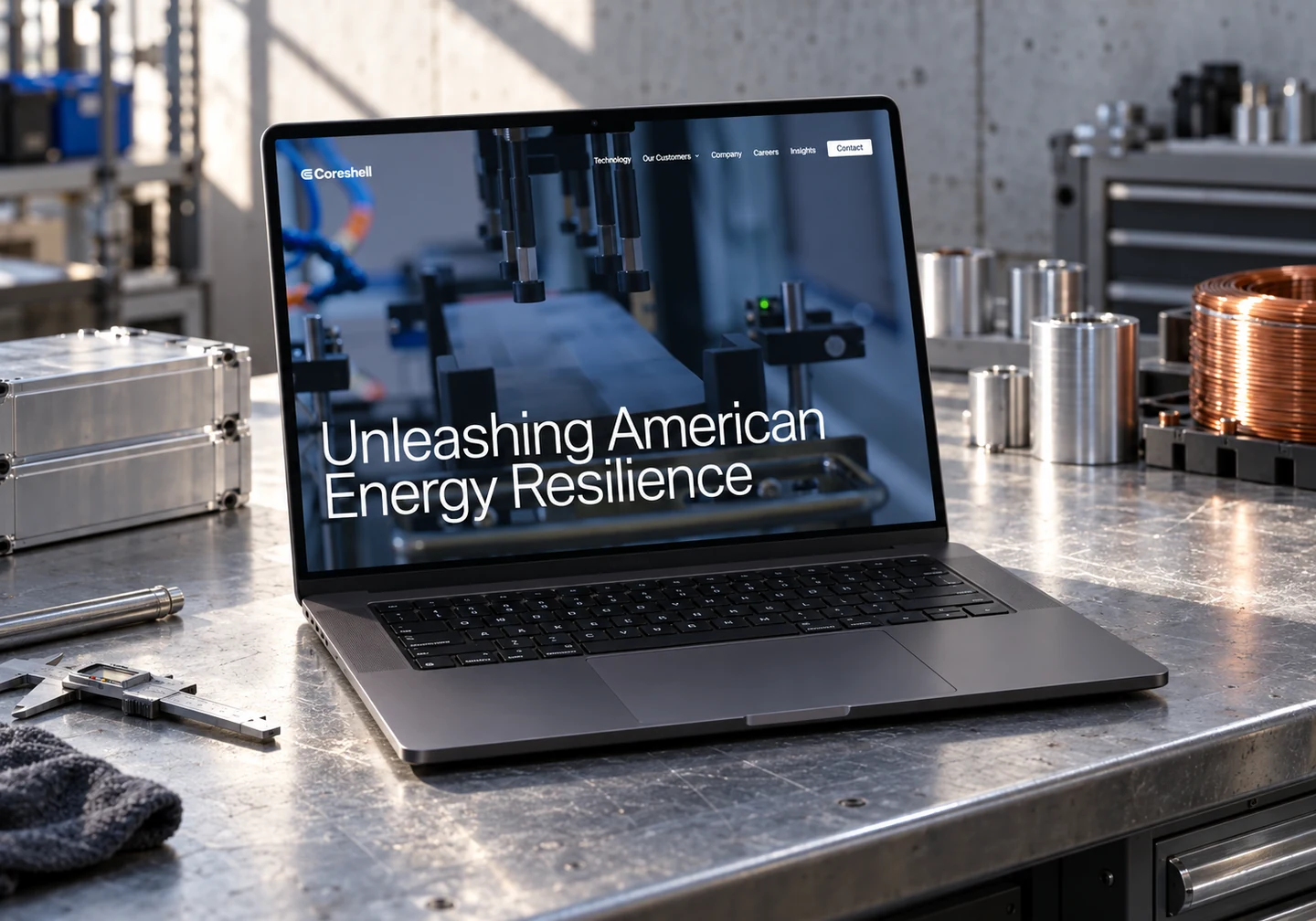 CoreShell homepage on a MacBook Pro on an aluminium engineering workbench.
