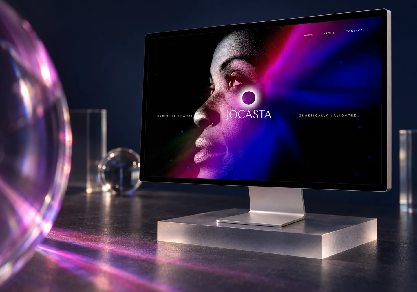 Jocasta homepage on an Apple Studio Display among glass lenses and violet light.