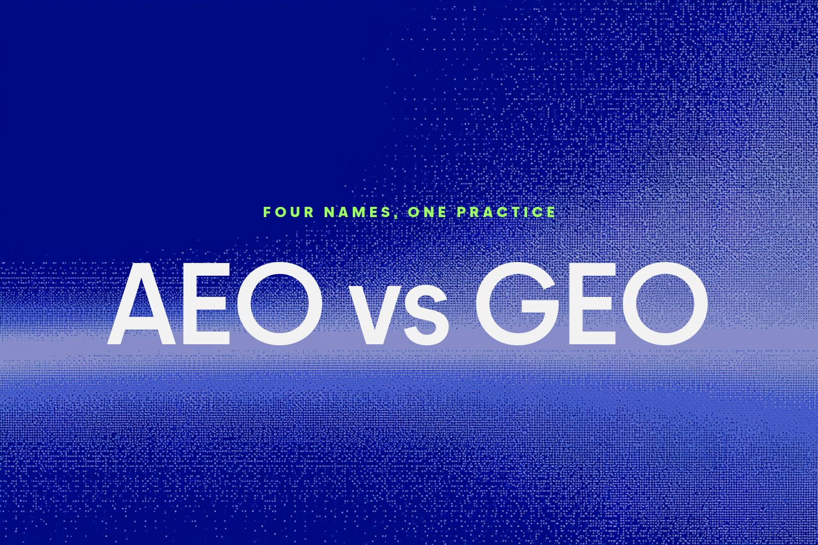 A calm sea meeting the sky at dawn, rendered as a blue pixel dither, with AEO vs GEO set large across the centre