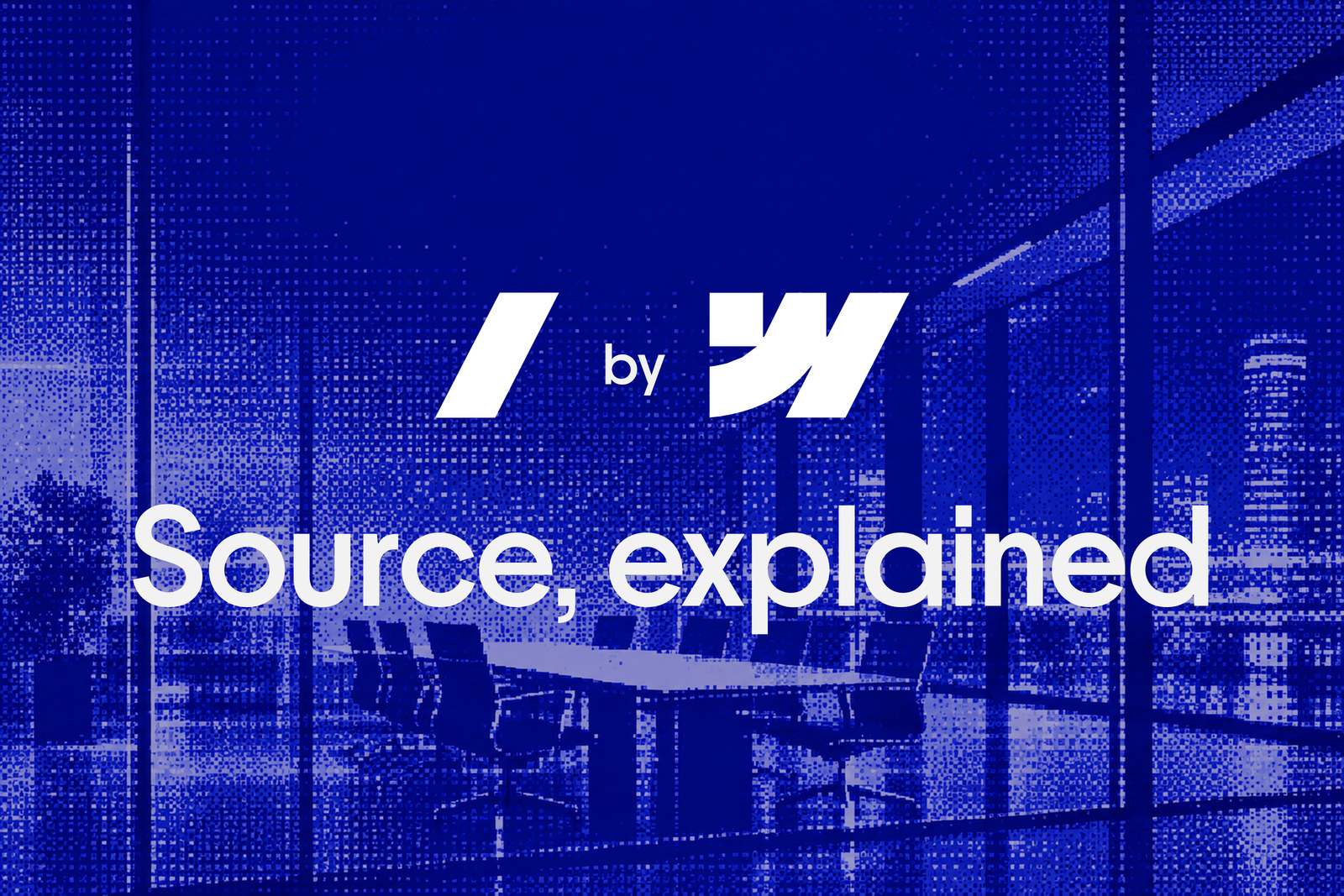 The official Source and Webflow marks above Source, explained, on a blue dithered glass office background