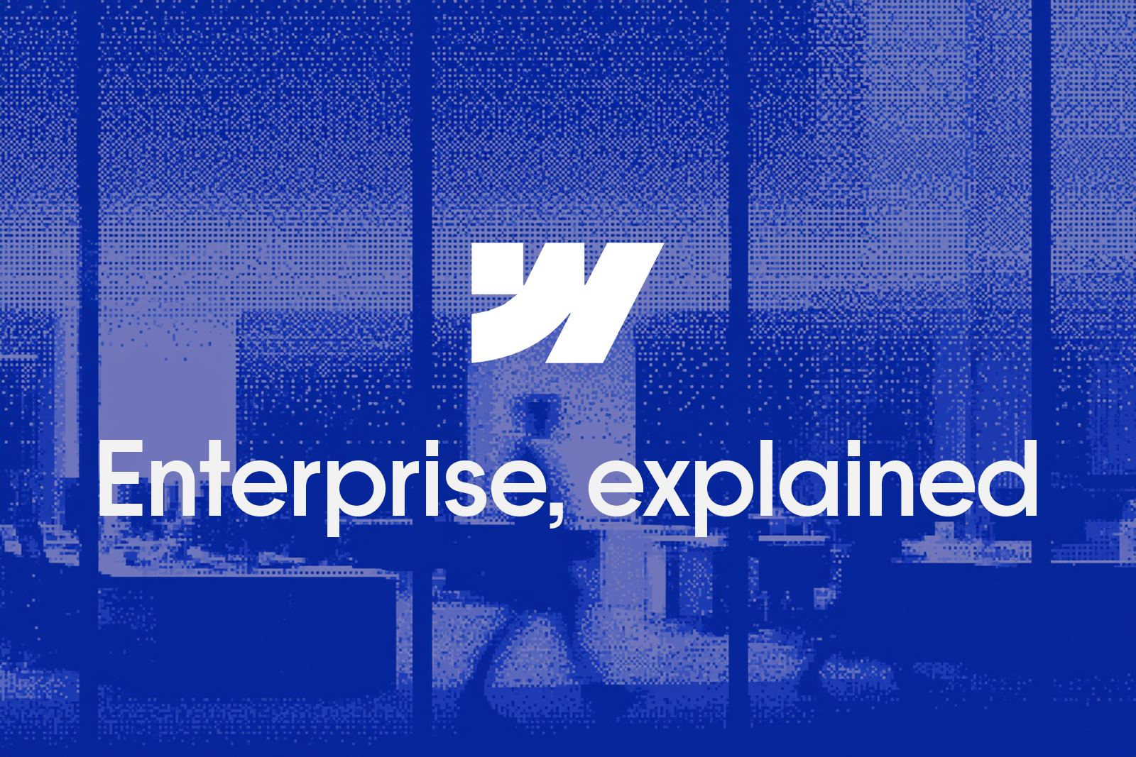 The inside of a glass office at dusk with a figure walking past, rendered as a blue pixel dither